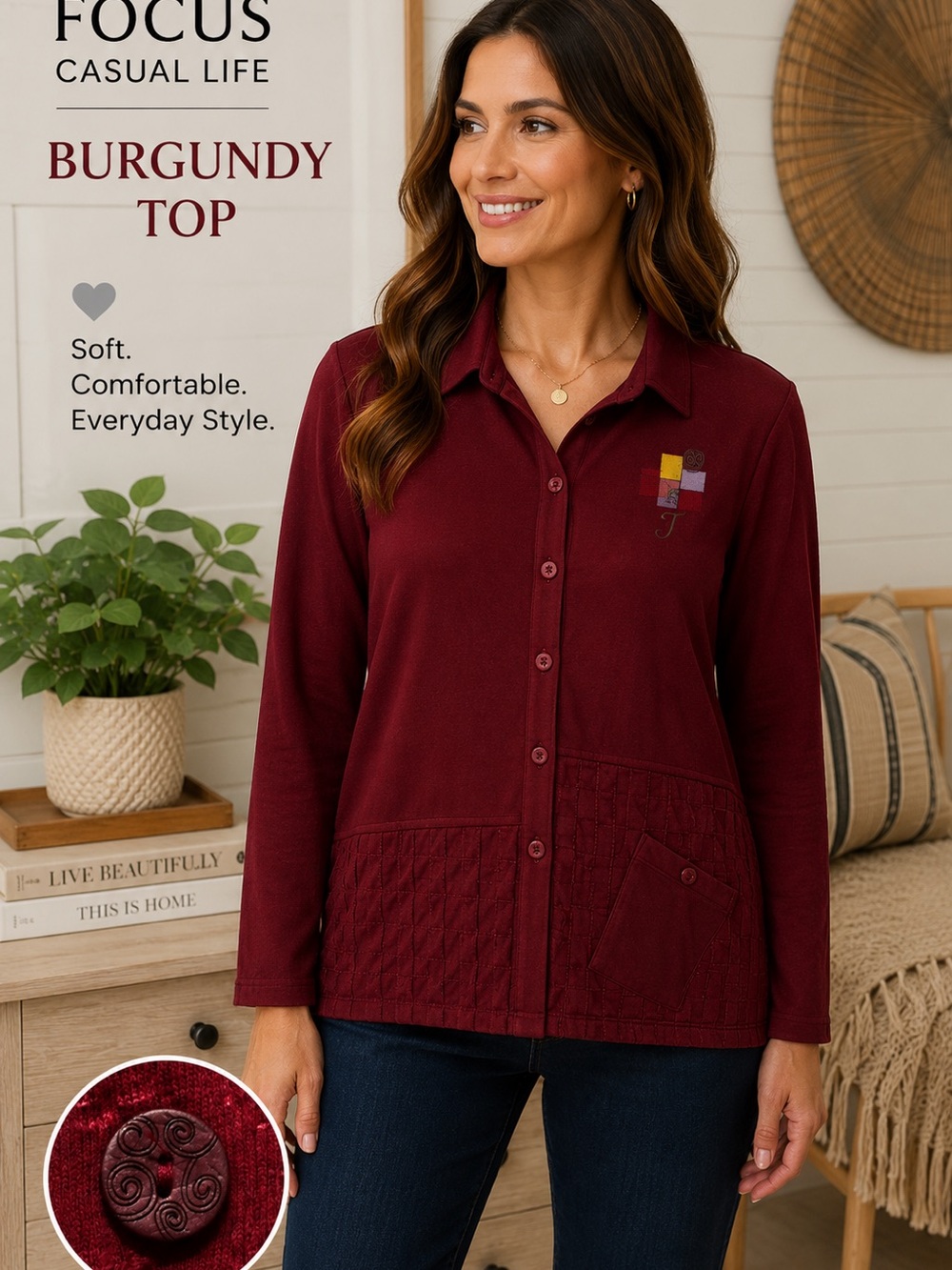 Focus Casual Life Burgundy Button Front Knit Top | Long Sleeve |  Casual
